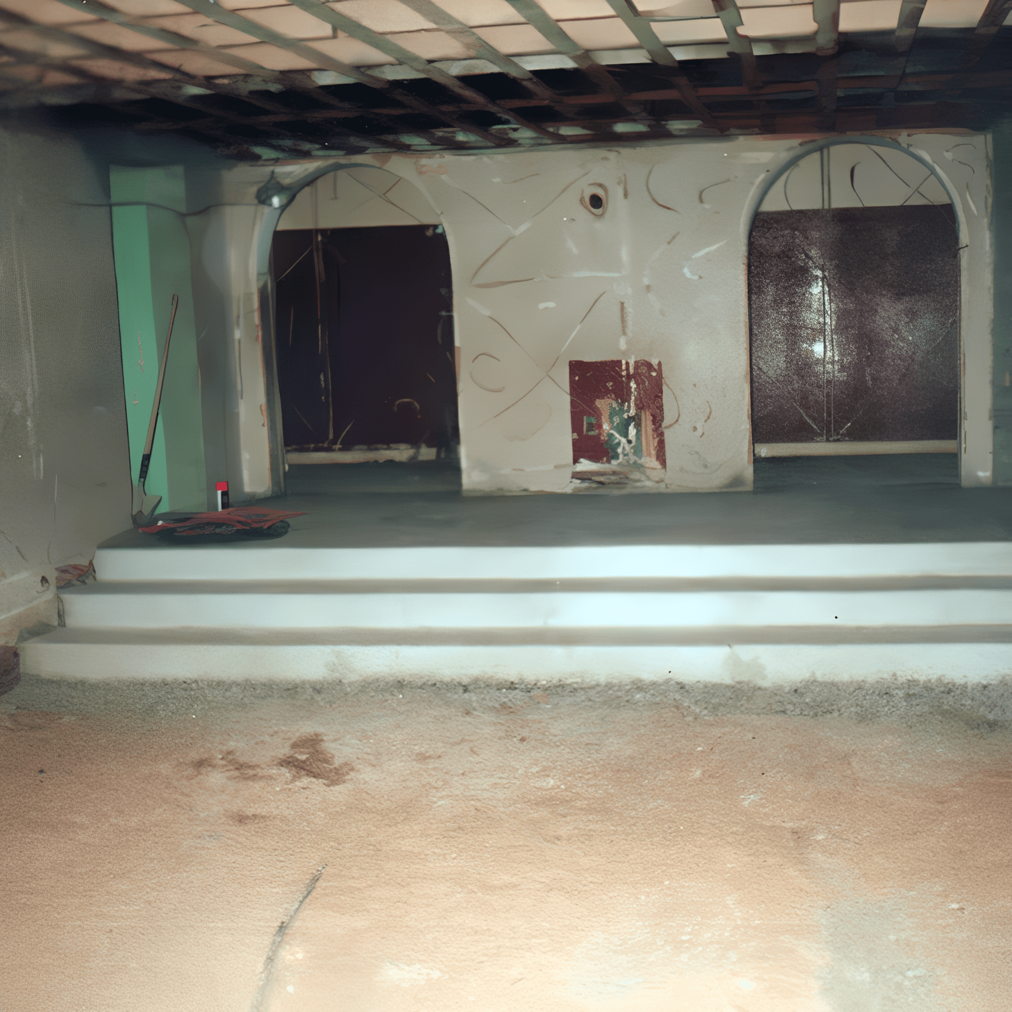 Unfinished room with arched doorways and steps.