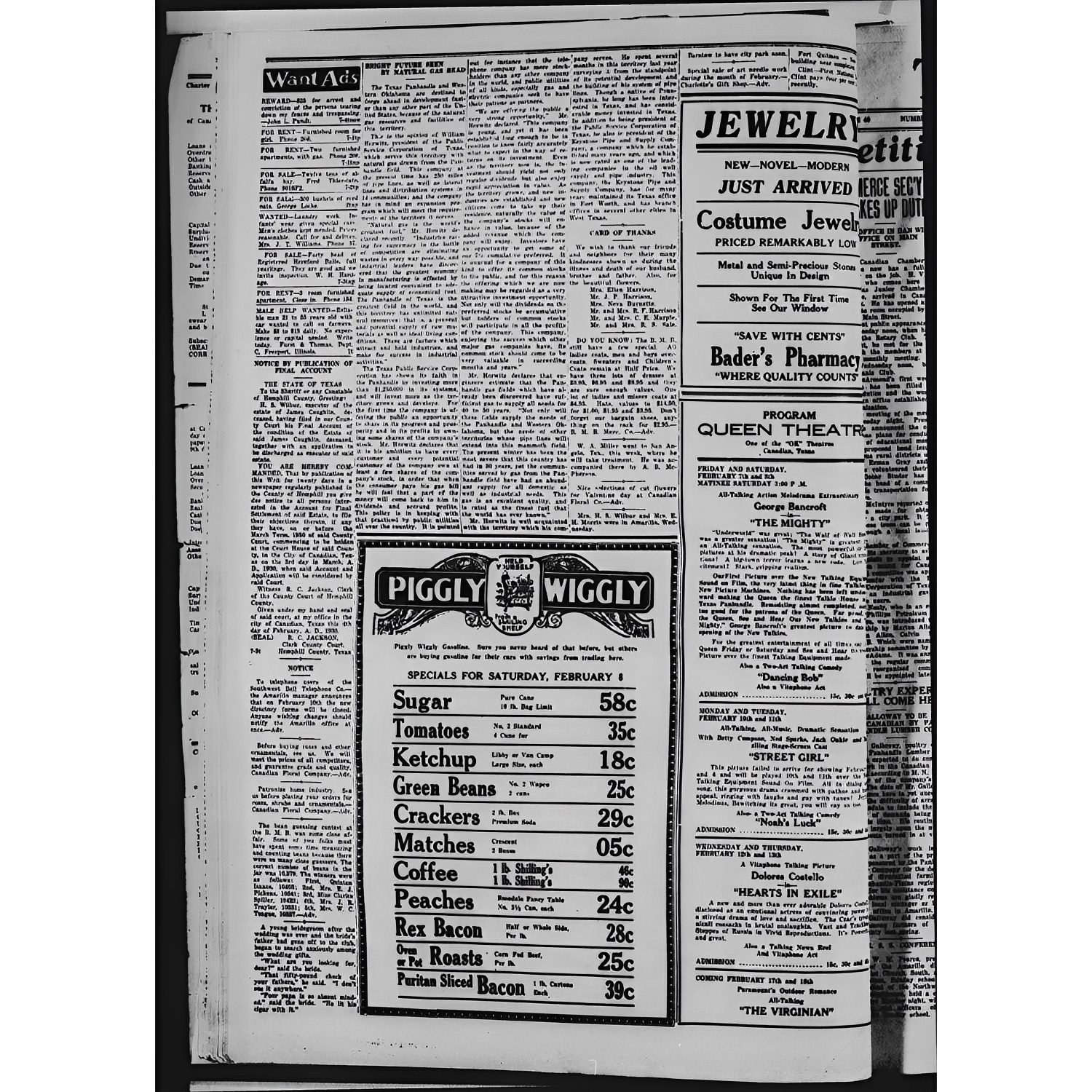 Newspaper page with advertisements and grocery prices.