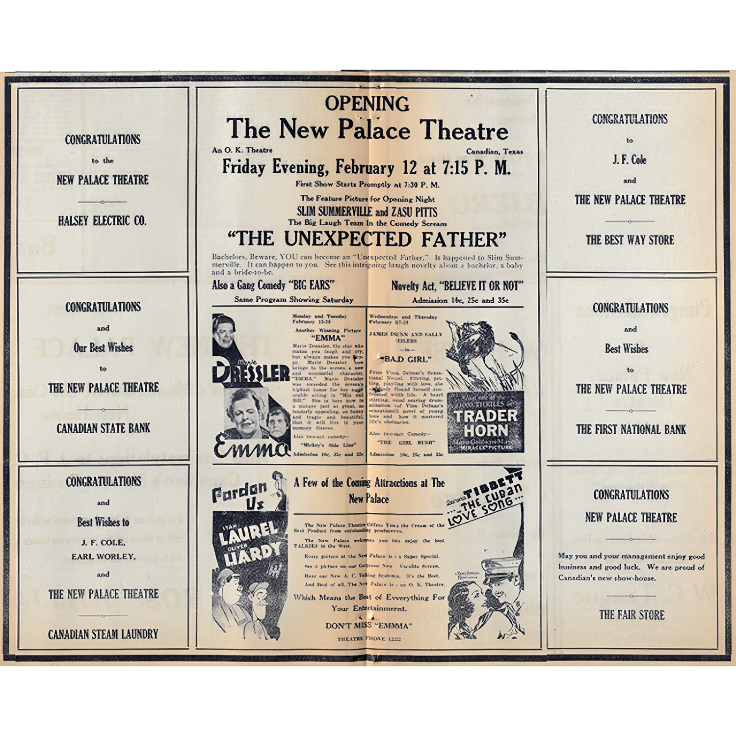 Vintage theater opening poster with congratulatory ads.